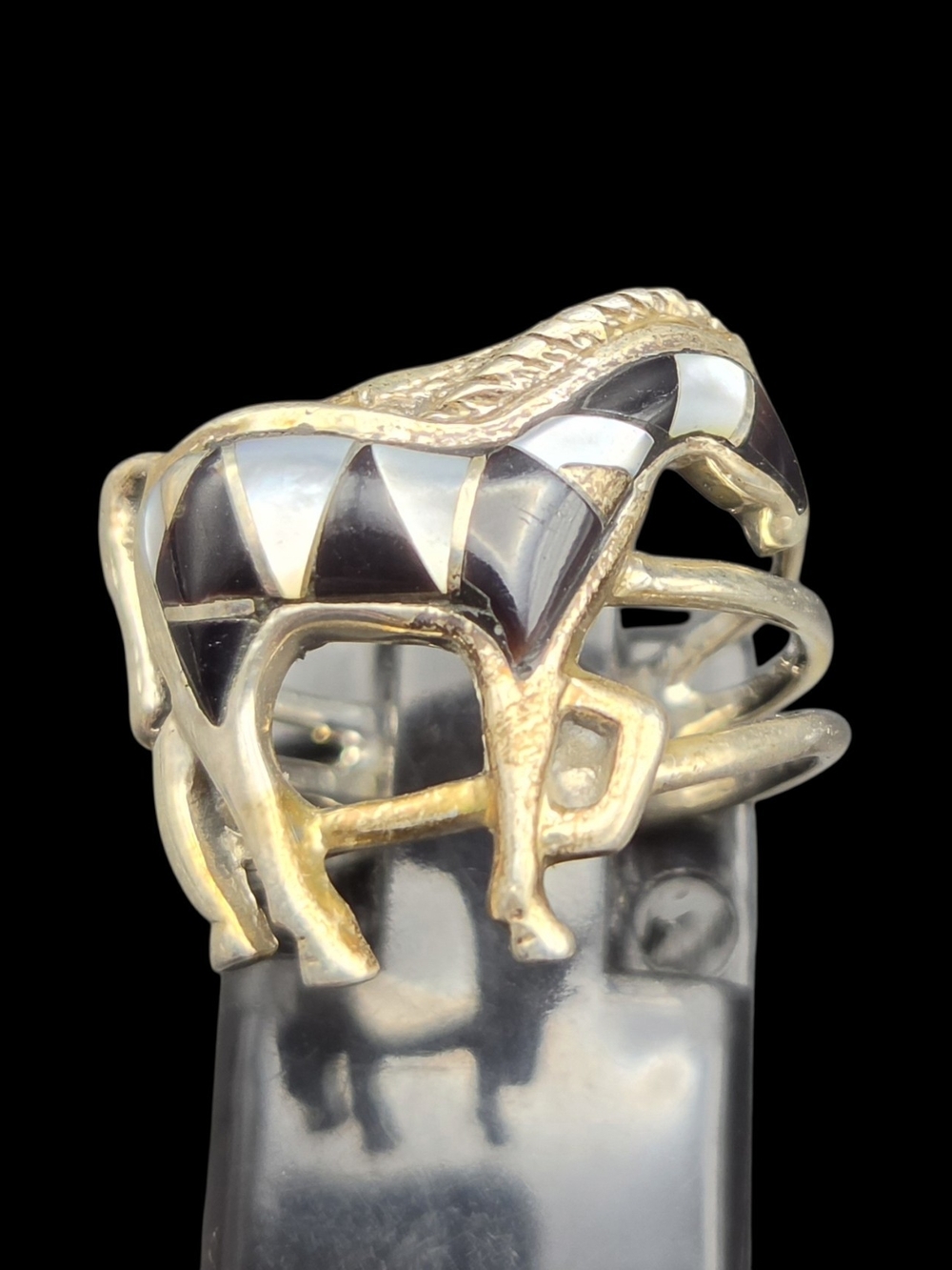 Sterling Silver Black Onyx and MOP Horse Ring 6